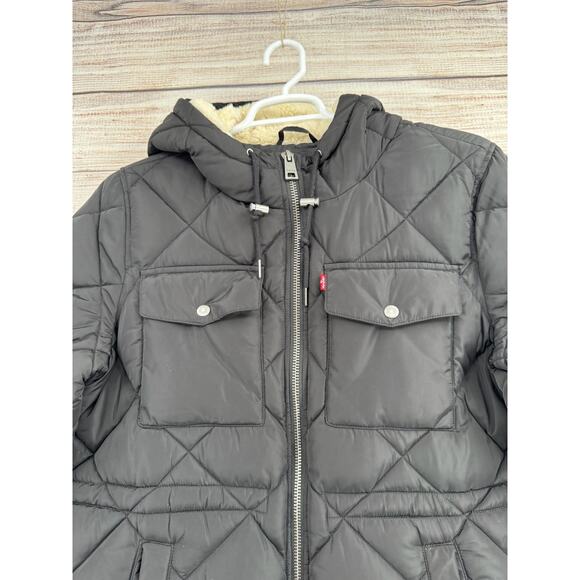 Levis Soft Sherpa Lined Hood Diamond Quilted Parka Jacket Womens XL Black - Picture 3 of 16